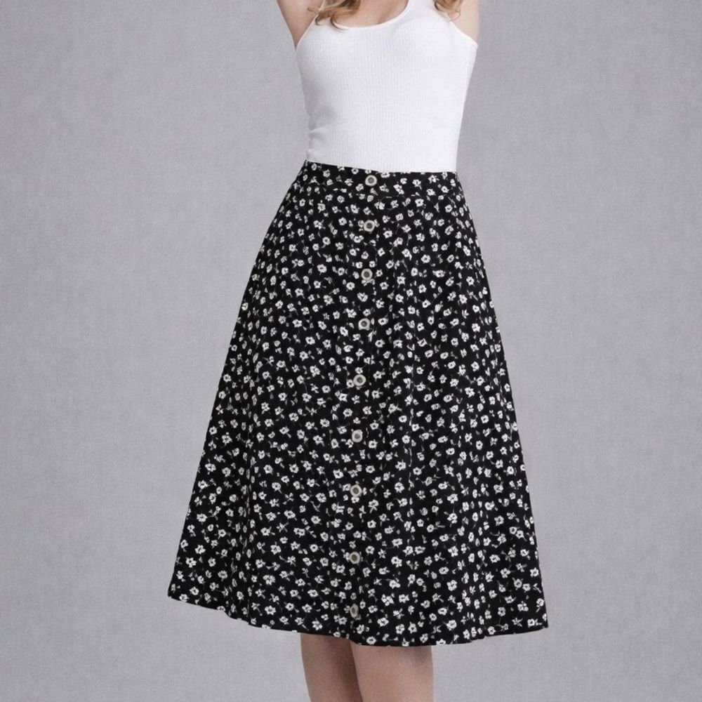 Box Office Black White Floral Button Up Midi Skirt Women’s Size L A-Line